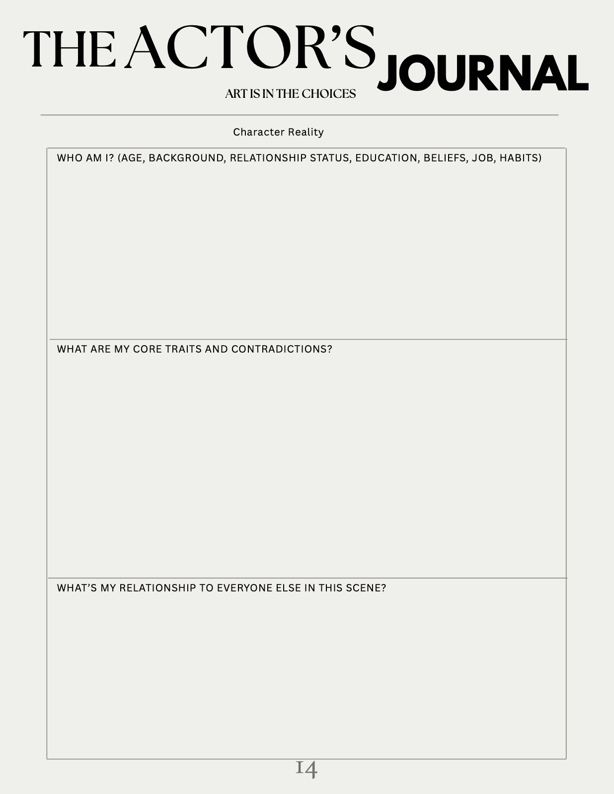 The Character Reality page from The Actor's Journal, with prompts about who I am, my core traits and contradictions, and my relationship to everyone else in the scene.