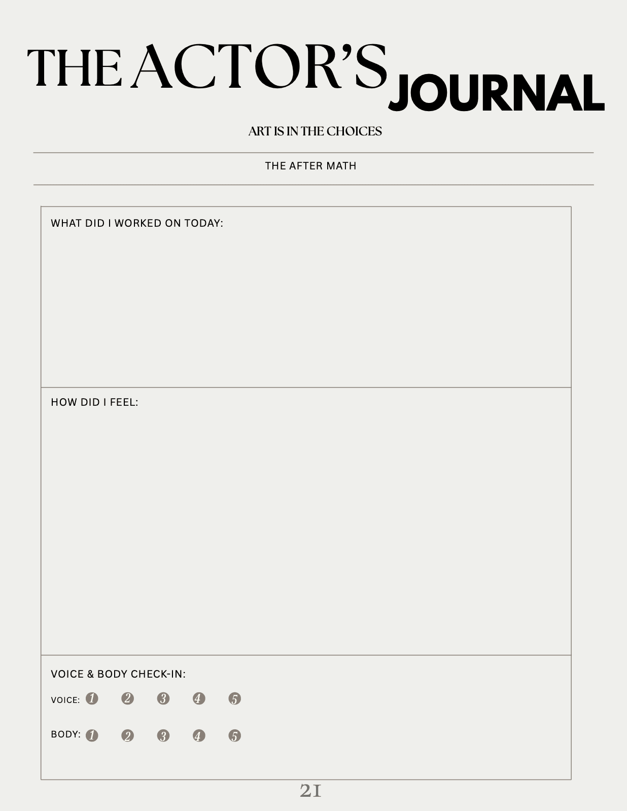 The Aftermath page from The Actor's Journal, with space for what I worked on today, how I felt, and a voice and body check-in.