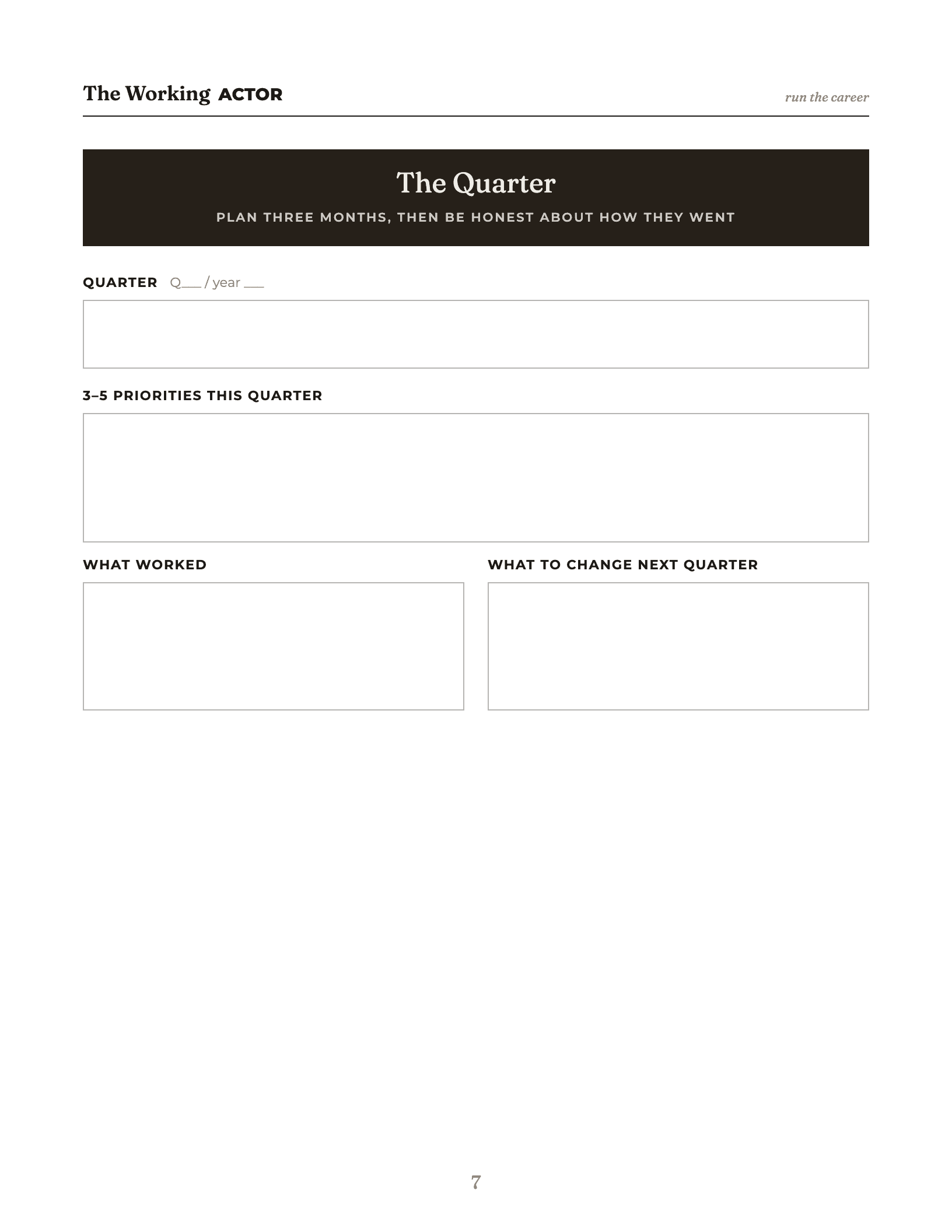The Quarter page from The Working Actor's Planner, with blank boxes for three to five priorities this quarter, what worked, and what to change next quarter.