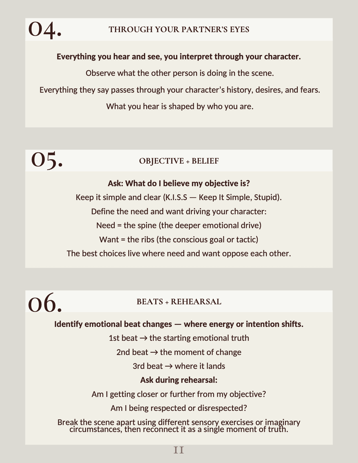 A rehearsal-process page from The Actor's Journal covering playing through your partner's eyes, objective and belief, and finding beats.