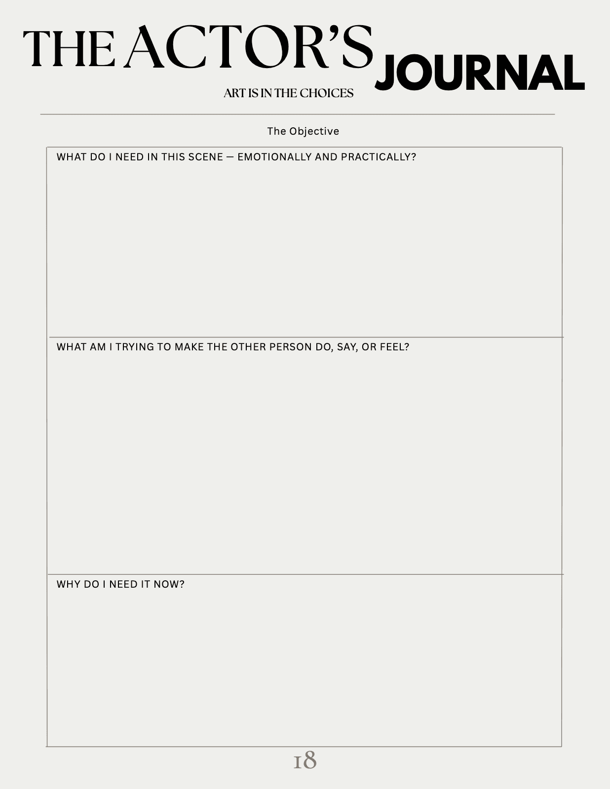 The Objective page from The Actor's Journal, with three open prompts about what you need in the scene and why now.